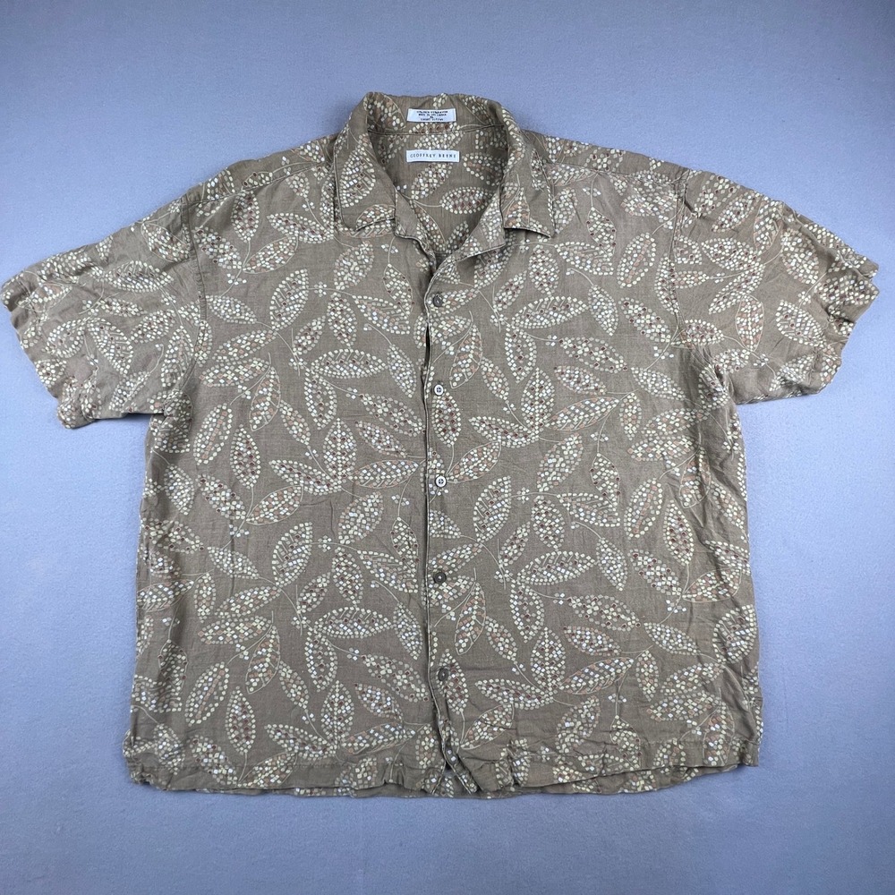 Hawaiian Button Down Shirt Mens XL Tan‎ Linen Blend Casual Summer Vacation